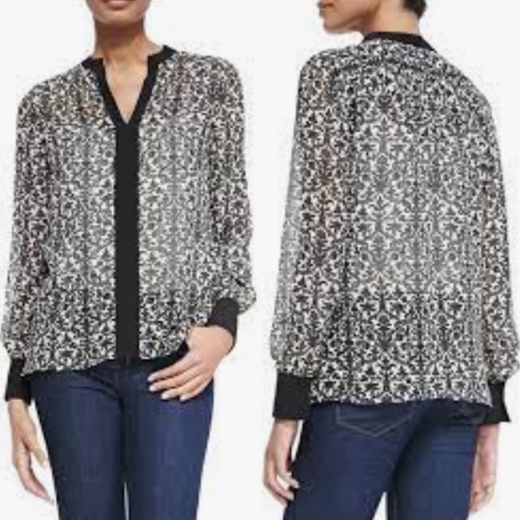 Tory Burch black solid trim printed silk semi-sheer split neck tunic 12 - Picture 2 of 13